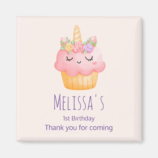Cute Pink Cupcake Unicorn with Roses Party Magnet (Front)