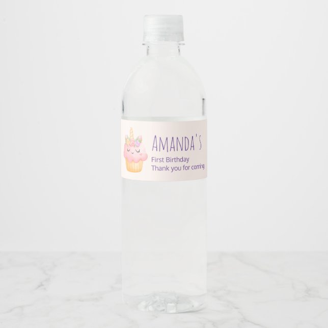 Cute Pink Cupcake Unicorn with Roses Party Water Bottle Label (Front)