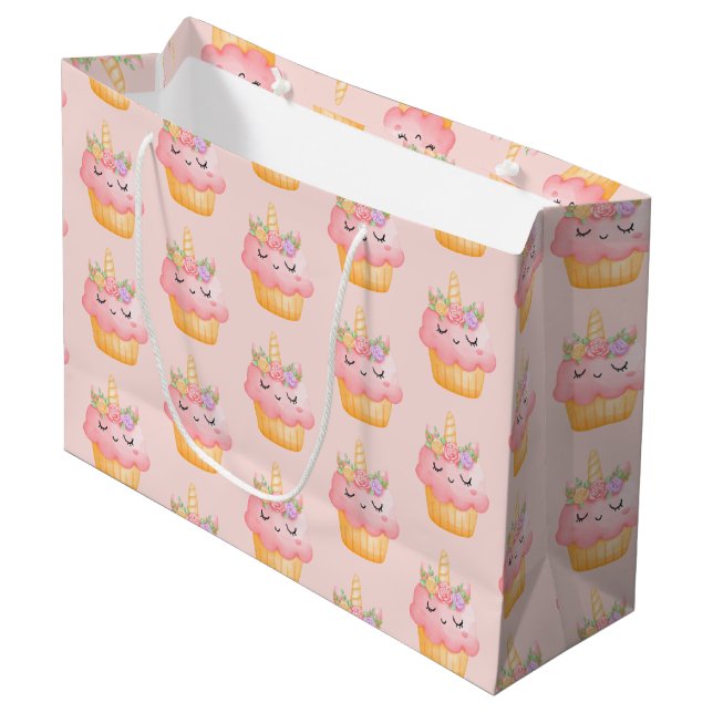 Cute Pink Cupcake Unicorn with Roses Pattern Large Gift Bag (Front Angled)
