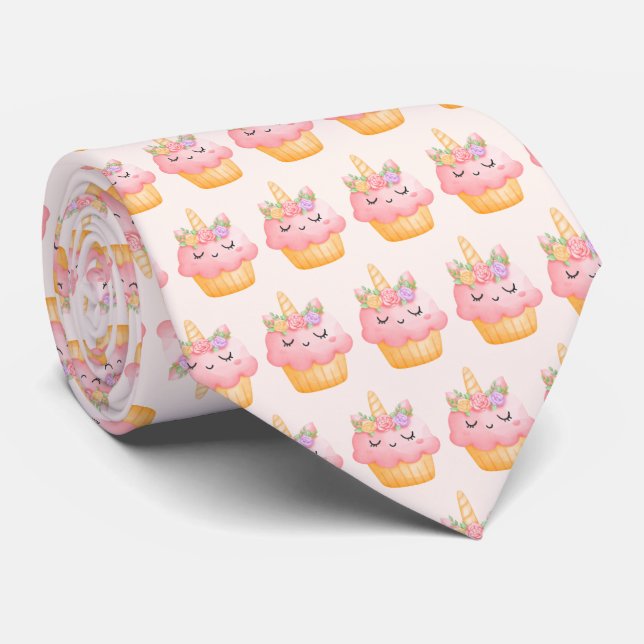 Cute Pink Cupcake Unicorn with Roses Pattern Neck Tie (Rolled)