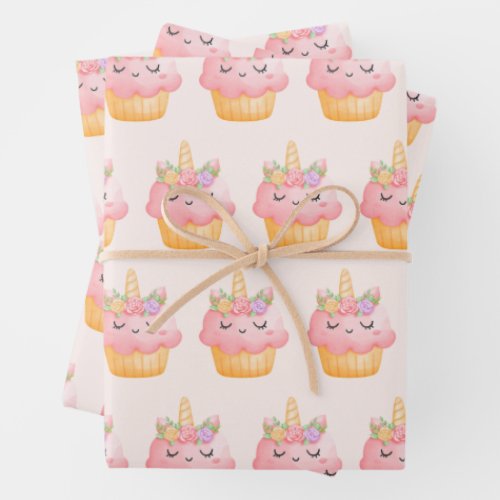 Cute Pink Cupcake Unicorn with Roses Pattern Wrapping Paper Sheets