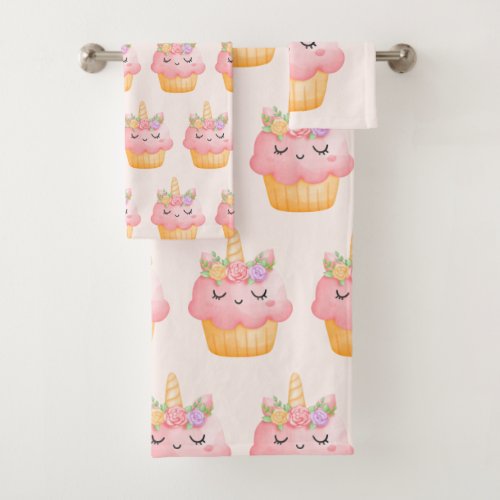 Cute Pink Cupcake Unicorn with Roses Patterned Bath Towel Set