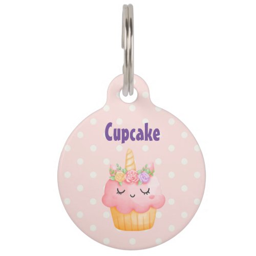 Cute Pink Cupcake Unicorn with Roses Pet ID Tag