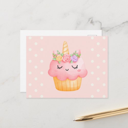Cute Pink Cupcake Unicorn with Roses Postcard