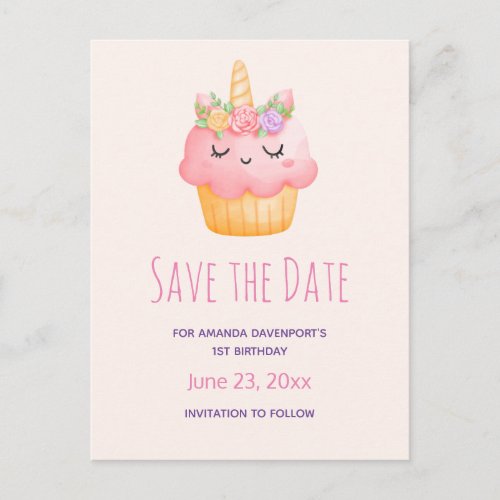 Cute Pink Cupcake Unicorn with Roses Save the Date Invitation Postcard