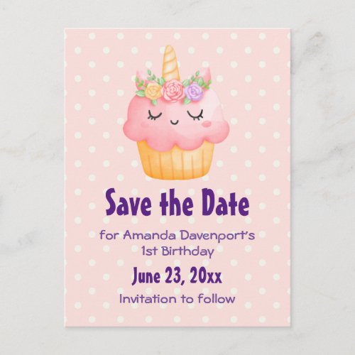 Cute Pink Cupcake Unicorn with Roses Save the Date Invitation Postcard