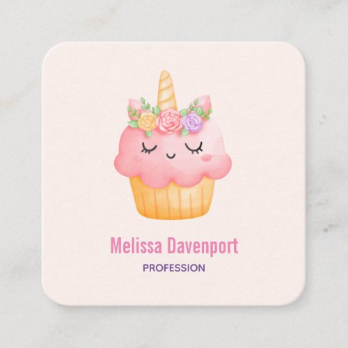Cute Pink Cupcake Unicorn with Roses Square Business Card