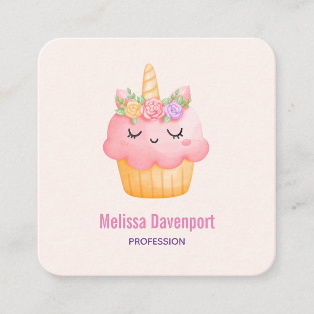 Cute Pink Cupcake Unicorn with Roses Square Business Card (Front)