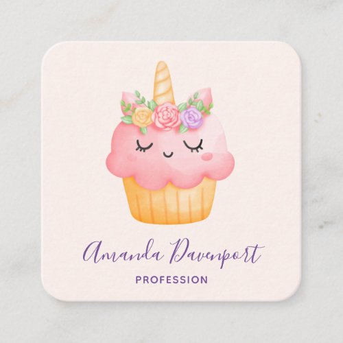 Cute Pink Cupcake Unicorn with Roses Square Business Card