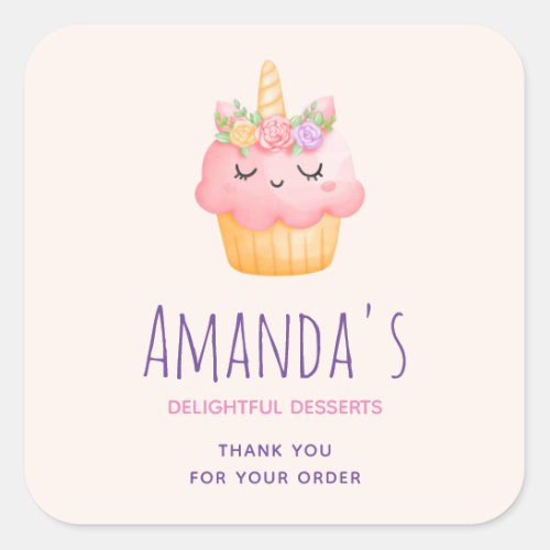 Cute Pink Cupcake Unicorn with Roses Square Sticker