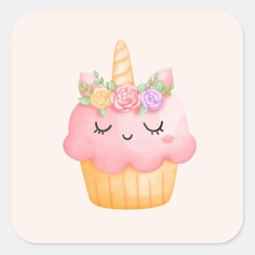 Cute Pink Cupcake Unicorn with Roses Square Sticker