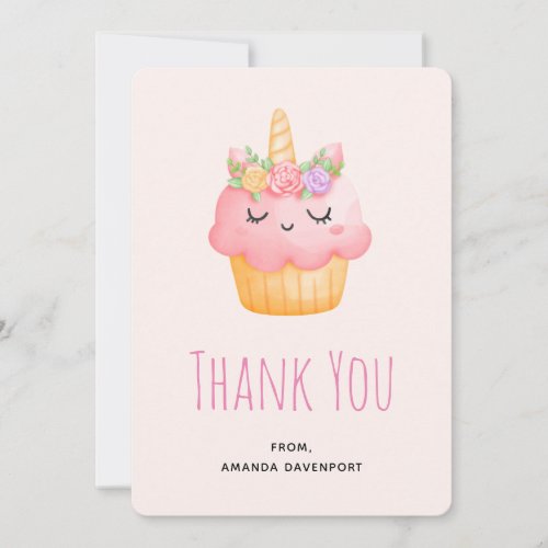 Cute Pink Cupcake Unicorn with Roses Thank You