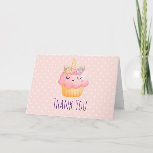 Cute Pink Cupcake Unicorn with Roses Thank You Card