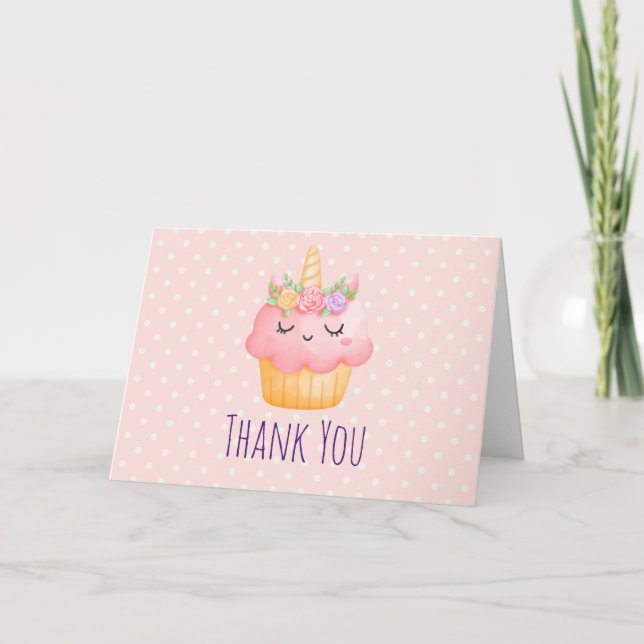 Cute Pink Cupcake Unicorn with Roses Thank You Card (Front)