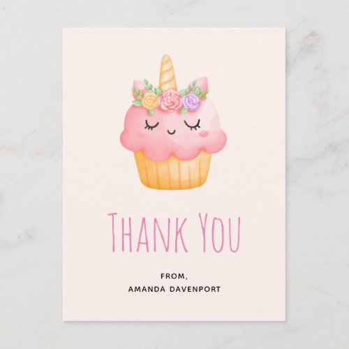 Cute Pink Cupcake Unicorn with Roses Thank You Postcard