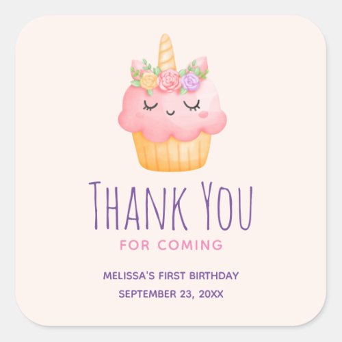 Cute Pink Cupcake Unicorn with Roses Thank You Square Sticker