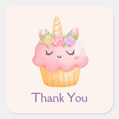 Cute Pink Cupcake Unicorn with Roses Thank You Square Sticker