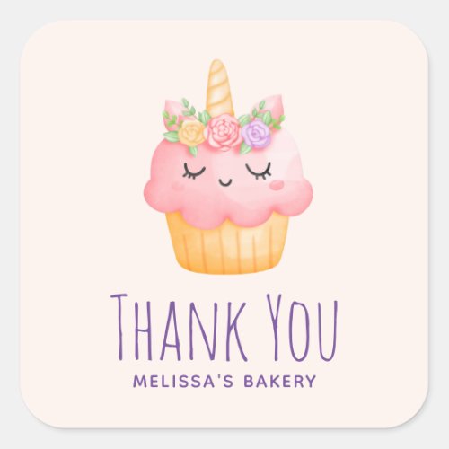 Cute Pink Cupcake Unicorn with Roses Thank You Square Sticker