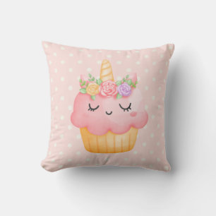 Cute Pink Cupcake Unicorn with Roses Throw Pillow