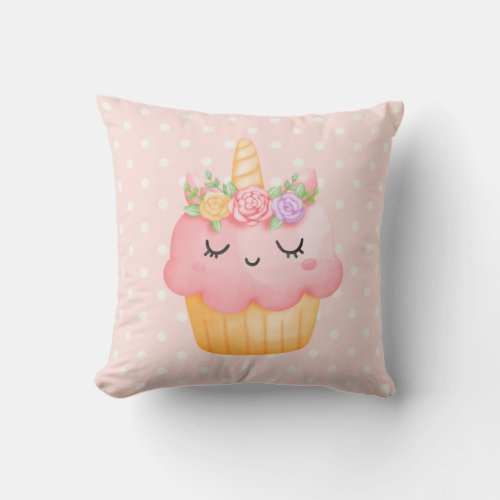 Cute Pink Cupcake Unicorn with Roses Throw Pillow