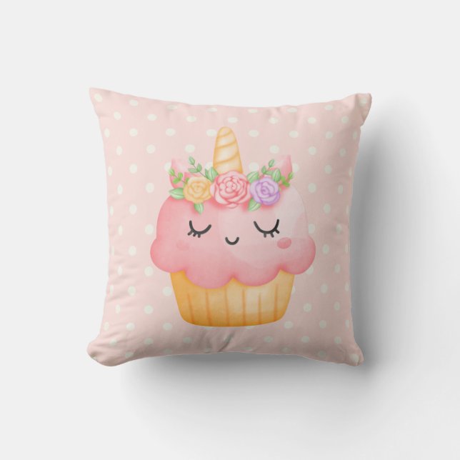 Cute Pink Cupcake Unicorn with Roses Throw Pillow (Front)