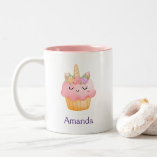 Cute Pink Cupcake Unicorn with Roses Two-Tone Coffee Mug
