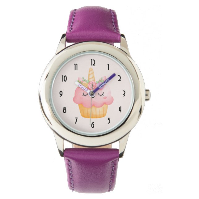 Cute Pink Cupcake Unicorn with Roses Watch (Front)
