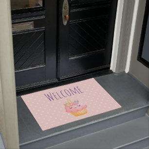 Cute Pink Cupcake Unicorn with Roses Welcome Doormat