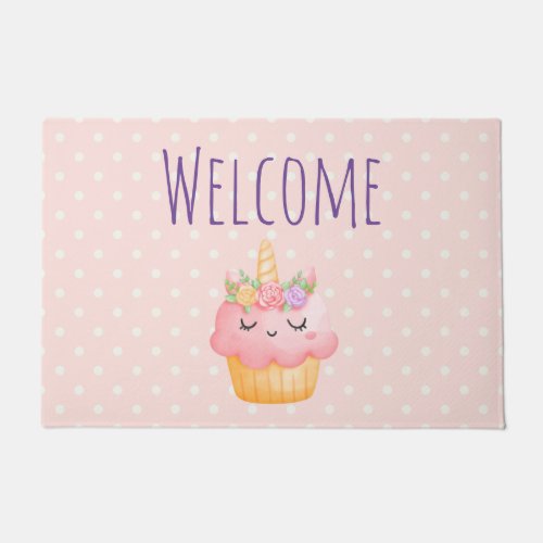 Cute Pink Cupcake Unicorn with Roses Welcome Doormat
