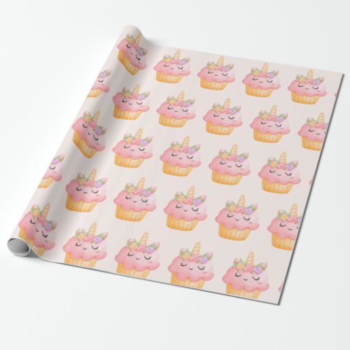 Cute Pink Cupcake Unicorn with Roses Wrapping Paper