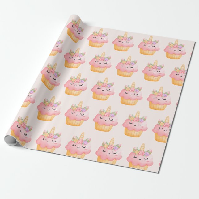 Cute Pink Cupcake Unicorn with Roses Wrapping Paper (Unrolled)