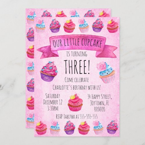 Cute Pink Cupcake Watercolor Girls Birthday Invitation