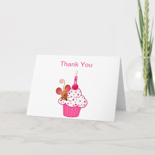 Cute Pink Cupcake with a Peeking Mouse Thank You Card