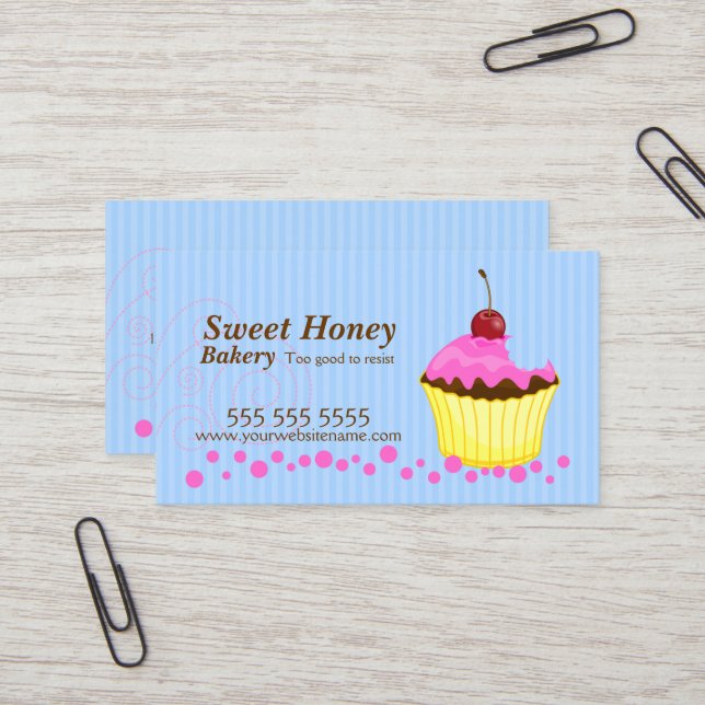 Cute Pink Cupcake with Cherry Business Card (Front/Back In Situ)