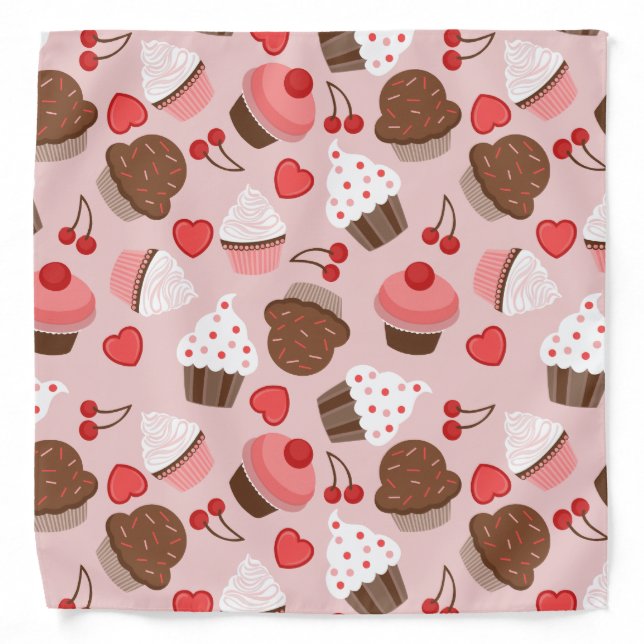 Cute Pink Cupcakes, Hearts And Cherries Pattern Bandana (Front)