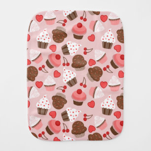 Cute Pink Cupcakes, Hearts And Cherries Pattern Burp Cloth