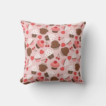 Cute Pink Cupcakes  Hearts And Cherries Pattern Throw Pillow by VintageDesignsShop at Zazzle