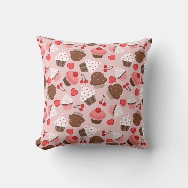 Cute Pink Cupcakes, Hearts And Cherries Pattern Throw Pillow (Front)