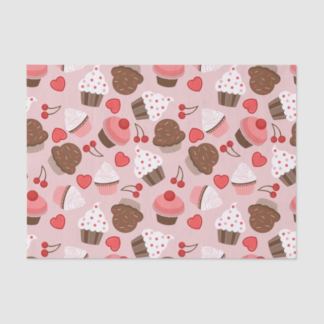Cute Pink Cupcakes, Hearts And Cherries Pattern Tissue Paper (Front)