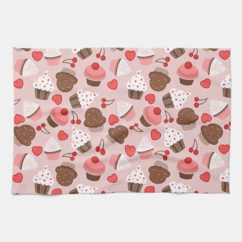 Cute Pink Cupcakes Hearts And Cherries Pattern Towel