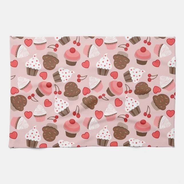Cute Pink Cupcakes, Hearts And Cherries Pattern Towel (Horizontal)