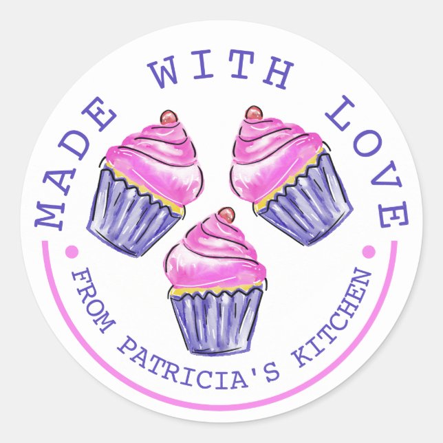   Cute Pink Cupcakes Made With Love Baking Classic Round Sticker (Front)