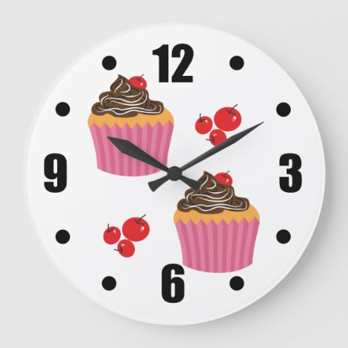 Cute Pink Cupcakes  On White Large Clock