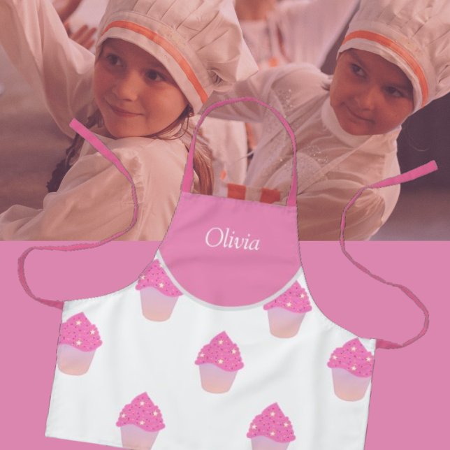 Cute Pink Cupcakes Pattern Kid's Name  Apron (Creator Uploaded)