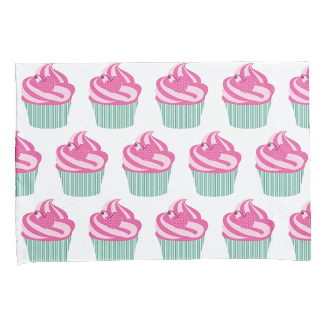 Cute Pink Cupcakes Pattern Pastel Pink and White Pillow Case (Front-Right)