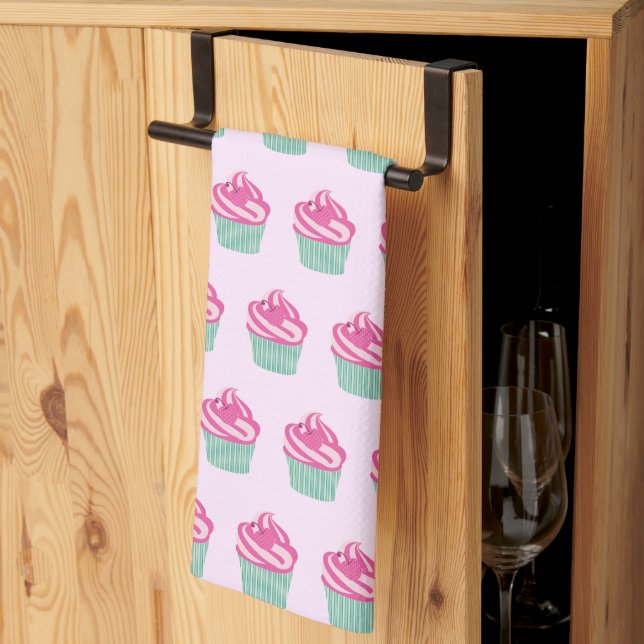 Cute Pink Cupcakes Pattern Pastel Pink Kitchen Towel (Thirds Fold)
