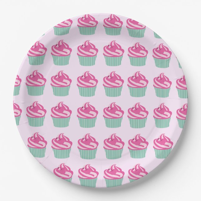 Cute Pink Cupcakes Pattern Pastel Pink Paper Plates (Front)