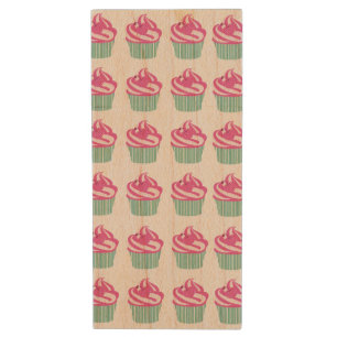 Cute Pink Cupcakes Pattern Pastel Pink Wood Flash Drive
