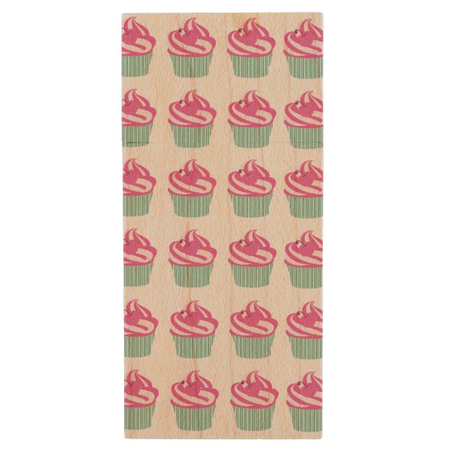 Cute Pink Cupcakes Pattern Pastel Pink Wood Flash Drive (Front Vertical)