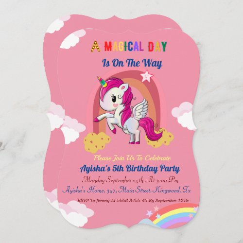  Cute Pink custom 5th Unicorn Birthday Party  Invitation